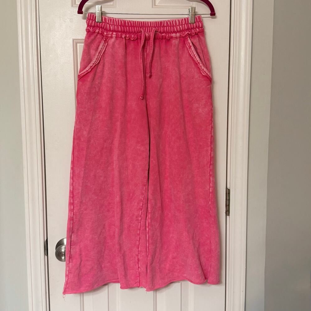 ZENANA • Pink Cropped Wide Leg Comfy Pants - Picture 2 of 5